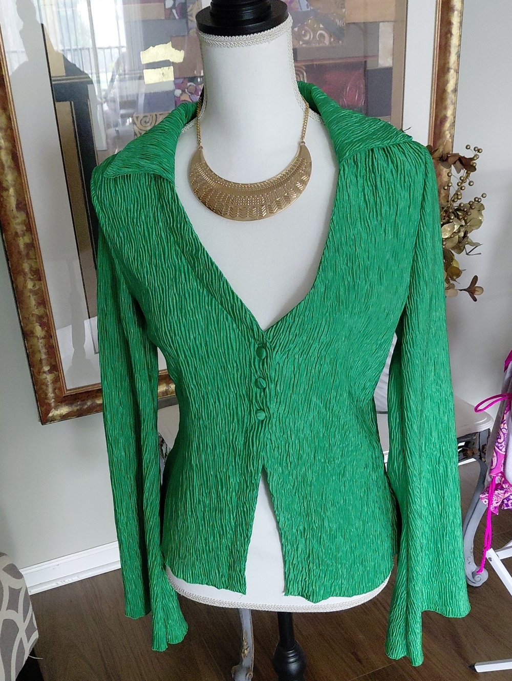Textured Green Button-Front Blazer Jacket